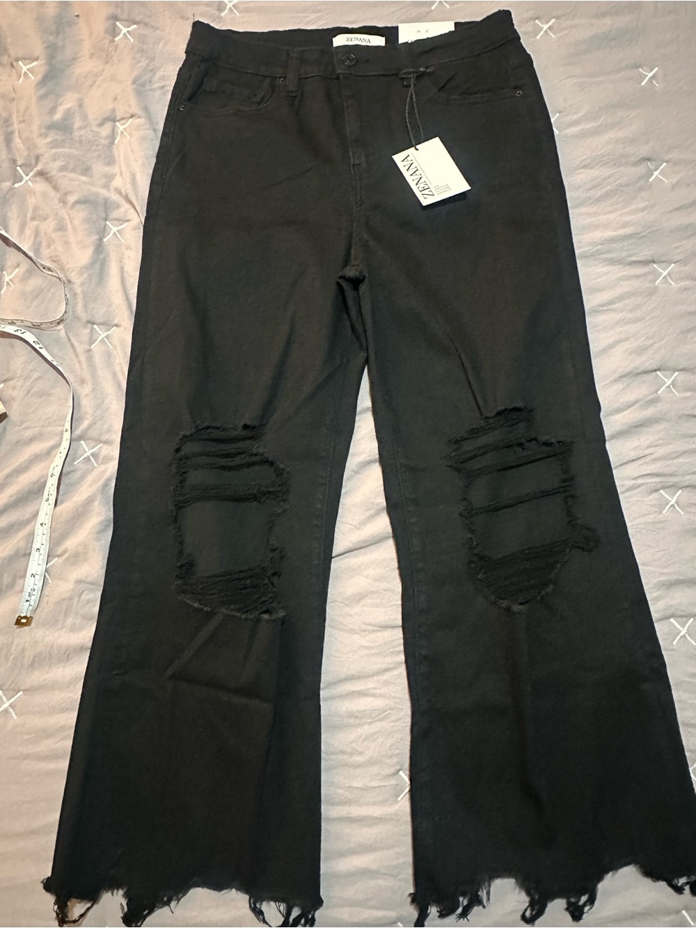 Zenana Black Distressed High-Rise Wide-Leg Jeans